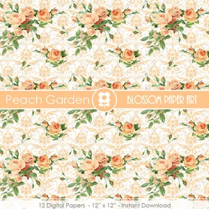 Puede incluir: Paquete de papel digital Peach Garden con 12 patrones florales de color melocot&oacute;n sobre un fondo blanco con un dise&ntilde;o de damasco. El texto "Peach Garden" y "BLOSSOM PAPER ART" est&aacute; en una pancarta de color melocot&oacute;n.