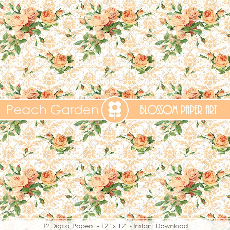Puede incluir: Paquete de papel digital Peach Garden con 12 patrones florales de color melocot&oacute;n sobre un fondo blanco con un dise&ntilde;o de damasco. El texto "Peach Garden" y "BLOSSOM PAPER ART" est&aacute; en una pancarta de color melocot&oacute;n.
