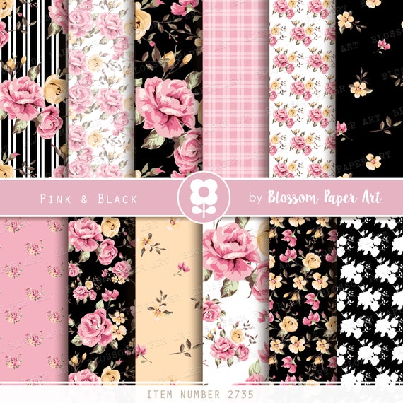 Black Floral Digital Paper, Scrapbook Paper Pack, Pink Roses