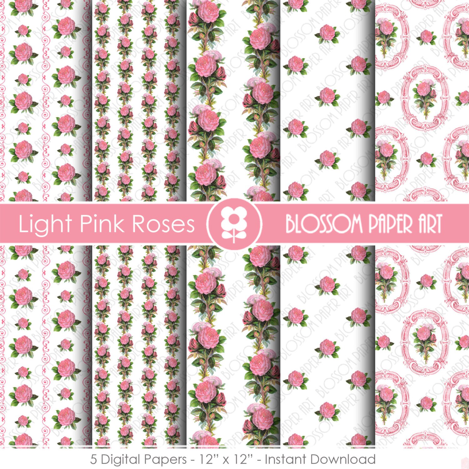 Pink Scrapbook Digital Paper Pink Roses Digital Paper Pack Etsy