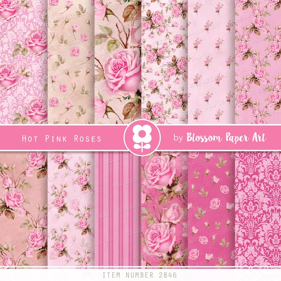 Pink Floral Digital Paper, Floral Pink Paper, Shabby Chic Paper