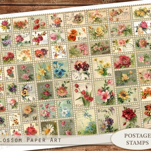 Hoja imprimible de sellos postales, Sellos postales vintage, Efímera de diario basura, Flores, Rosas, Descarga digital, Scrapbooking 2508