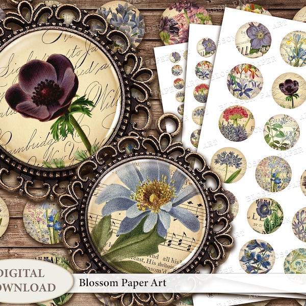 Printable Circles Digital Collage Sheet 1,5 inches 1 inch 20mm 15mm 12mm Circles Printable Collage Sheet VIntage 2412