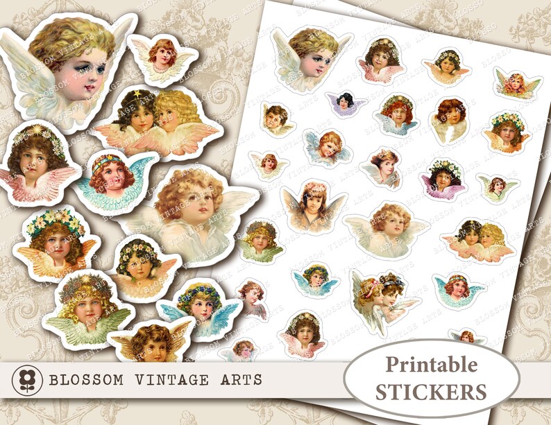 Printable STICKERS Vintage Angels Digital Download Collage | Etsy