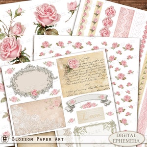 Éphémères roses pour le journal indésirable, cartes imprimables, bordures, fleurs pour découpage, téléchargement numérique, feuille de collage de roses, téléchargement numérique 2966