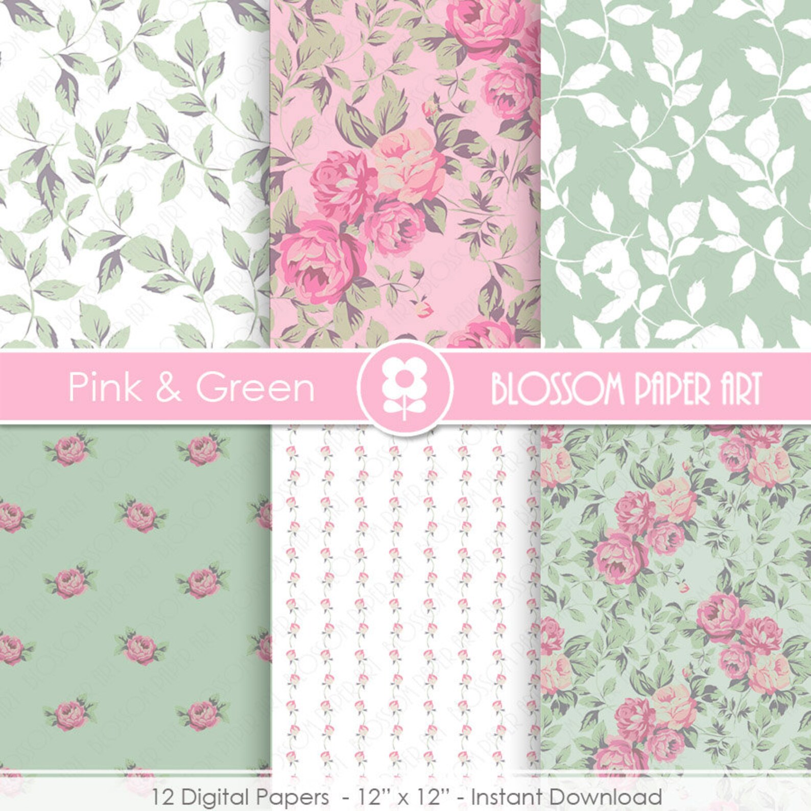 Floral Digital Paper Pack: Pink & Green Roses for Scrapbooking (instant ...