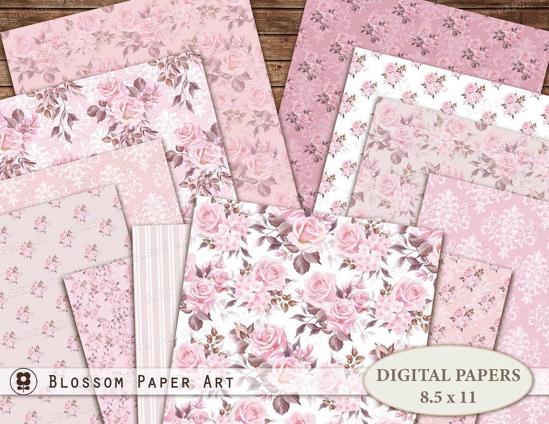 Pink Rose Digital Paper Pack, Floral Scrapbook Collage (digital ...