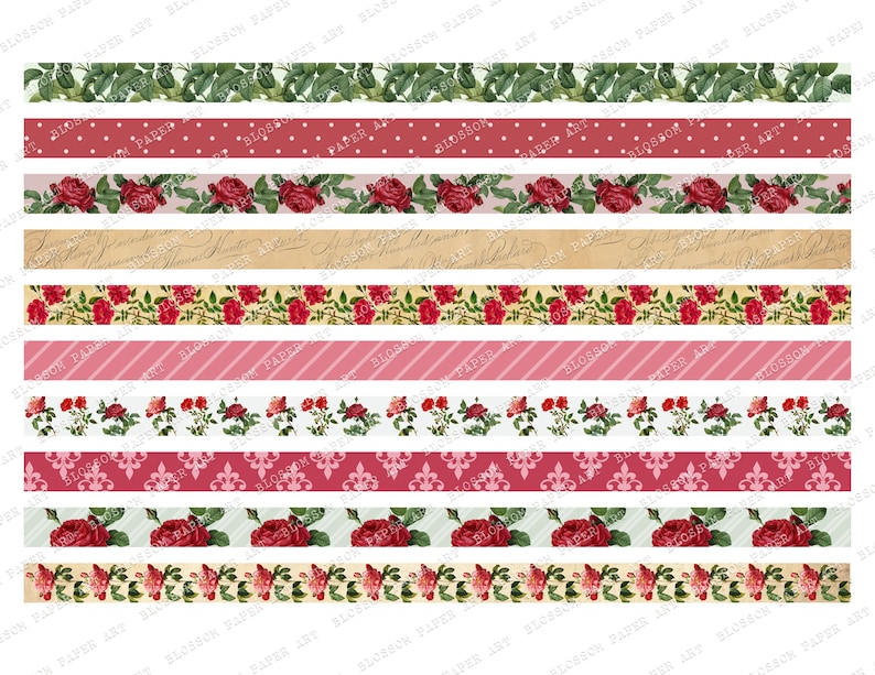Printable Floral Washi Tape Strips: Digital Collage Sheet (digital ...