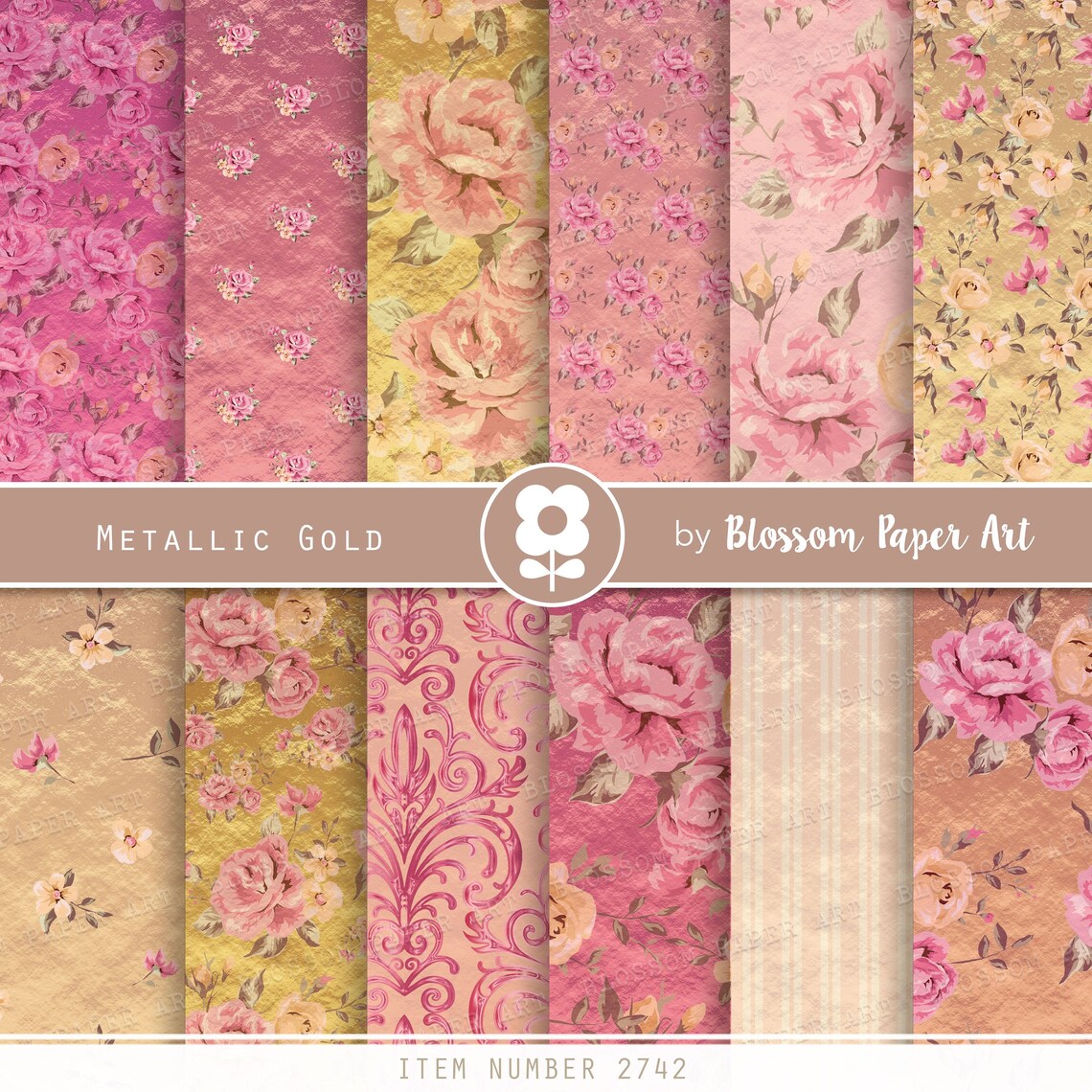Gold and Pink Digital Paper Metallic Scrapbook Floral Digital | Etsy