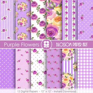 Digital Paper Purple Flowers Digital Paper Pack, Scrapbooking, Floral Papers, Picnic Papers Modern Designs 1727 image 1