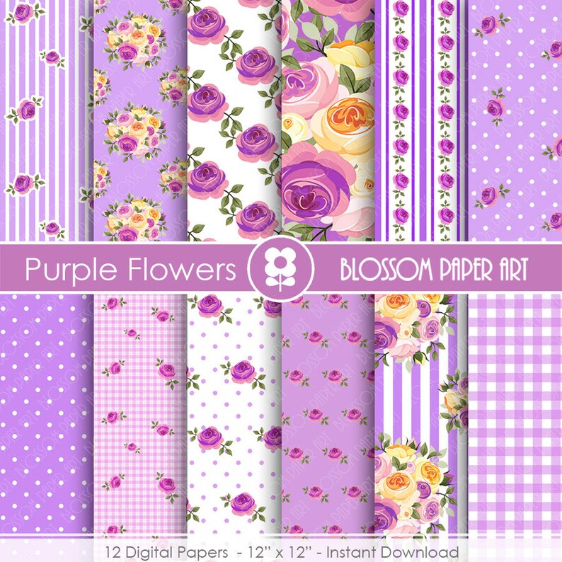 Digital Paper Purple Flowers Digital Paper Pack, Scrapbooking, Floral Papers, Picnic Papers Modern Designs 1727 image 1