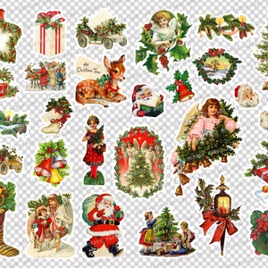Puede incluir: Una colecci&oacute;n de pegatinas vintage con tem&aacute;tica navide&ntilde;a. Las pegatinas presentan a Pap&aacute; Noel, &aacute;ngeles, &aacute;rboles de Navidad, renos, regalos, campanas y otros elementos festivos. La paleta de colores incluye rojo, verde, dorado y blanco.