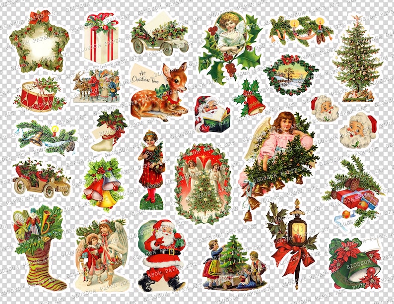 Puede incluir: Una colecci&oacute;n de pegatinas vintage con tem&aacute;tica navide&ntilde;a. Las pegatinas presentan a Pap&aacute; Noel, &aacute;ngeles, &aacute;rboles de Navidad, renos, regalos, campanas y otros elementos festivos. La paleta de colores incluye rojo, verde, dorado y blanco.