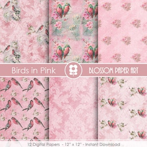 Birds Digital Paper, Vintage Paper Birds, Pink Vintage Scrapbooking ...