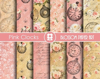 Vintage Digital Paper, Clock Digital Collage Sheet, Pink Roses Clocks Scrapbooking - INSTANT DOWNLOAD  - 1808