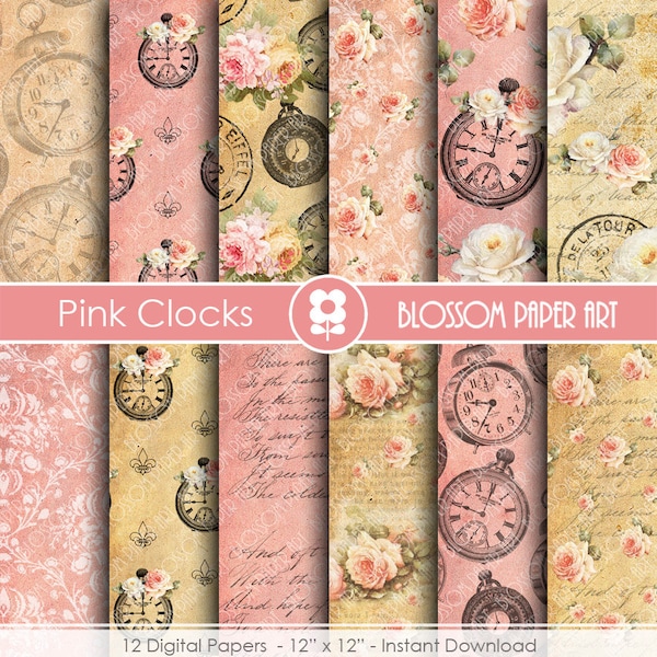 Vintage Digital Paper, Clock Digital Collage Sheet, Pink Roses Clocks Scrapbooking-INSTANT DOWNLOAD-1808