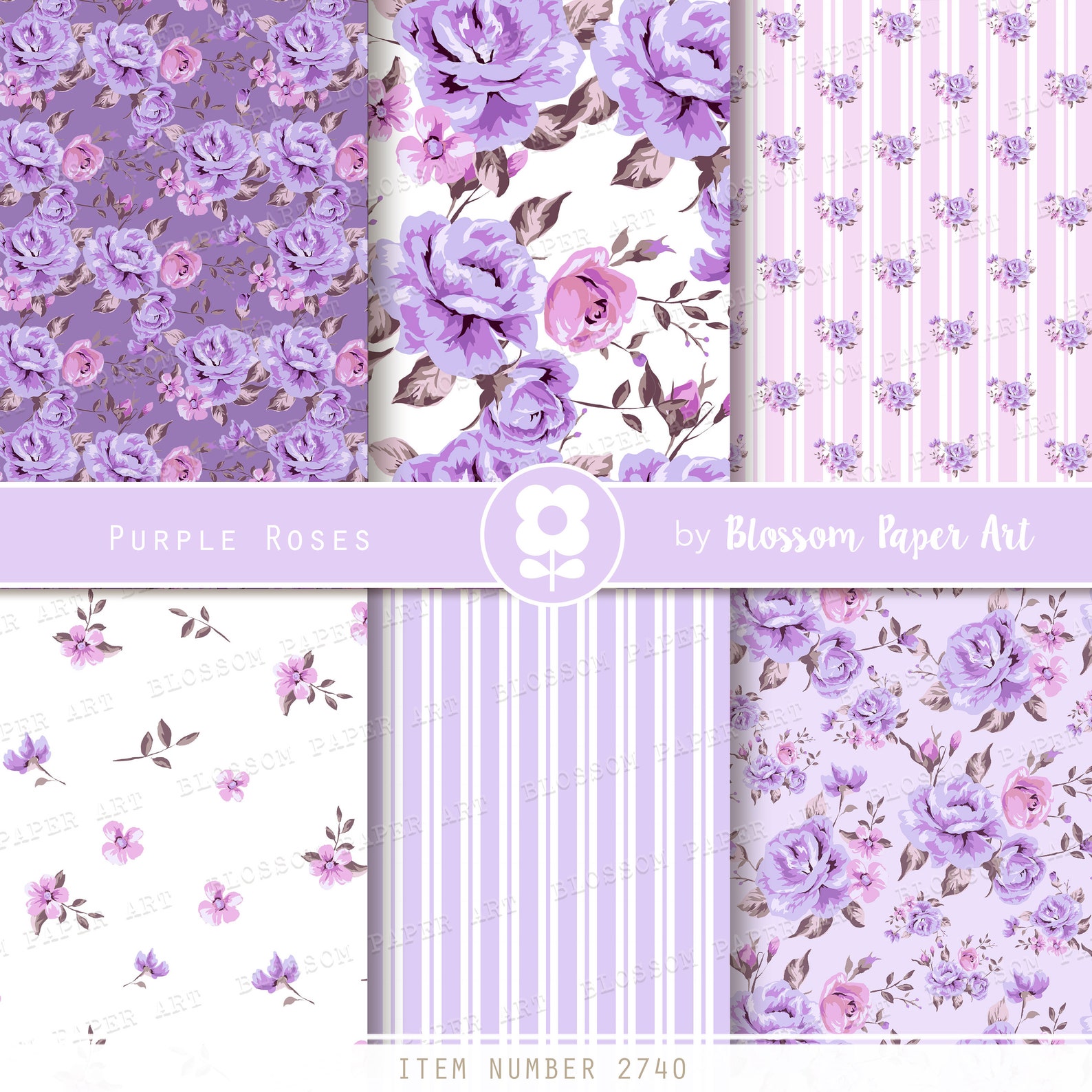 Purple Digital Paper, Floral Scrapbook Paper Pack, Rose Digital