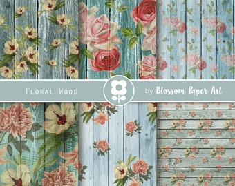 Wood texture Digital Paper, Shabby Roses Digital Paper, Floral