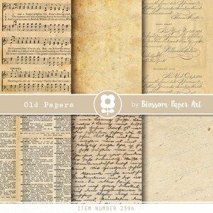 May include: A digital collage of four vintage papers with handwritten text and musical notes. The papers are in shades of beige and brown. The text includes a song lyric, a promissory note, a sight draft, and a handwritten journal entry. The title "Old Papers" and the artist's name "Blossom Paper Art" are printed at the bottom of the collage. The item number "2394" is also printed at the bottom.