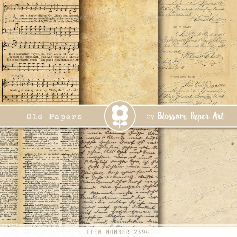May include: A digital collage of four vintage papers with handwritten text and musical notes. The papers are in shades of beige and brown. The text includes a song lyric, a promissory note, a sight draft, and a handwritten journal entry. The title "Old Papers" and the artist's name "Blossom Paper Art" are printed at the bottom of the collage. The item number "2394" is also printed at the bottom.