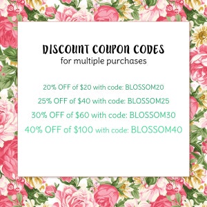 May include: A white card with a floral border and the text "DISCOUNT COUPON CODES for multiple purchases". The card lists four discount codes with varying percentages off of different dollar amounts.