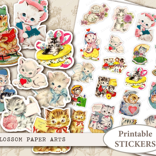 Cat Stickers, Nursery Vintage Printable Stickers, Vintage Cats,  Digital Collage Sheet, Printable Sheets Digital Download 2680
