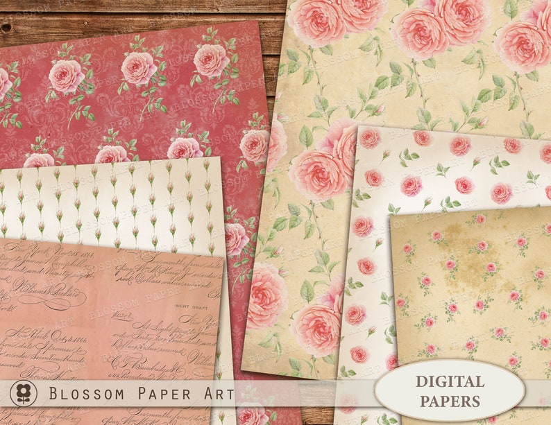 Shabby Chic Roses Digital Paper Pack: Vintage Scrapbook (instant ...