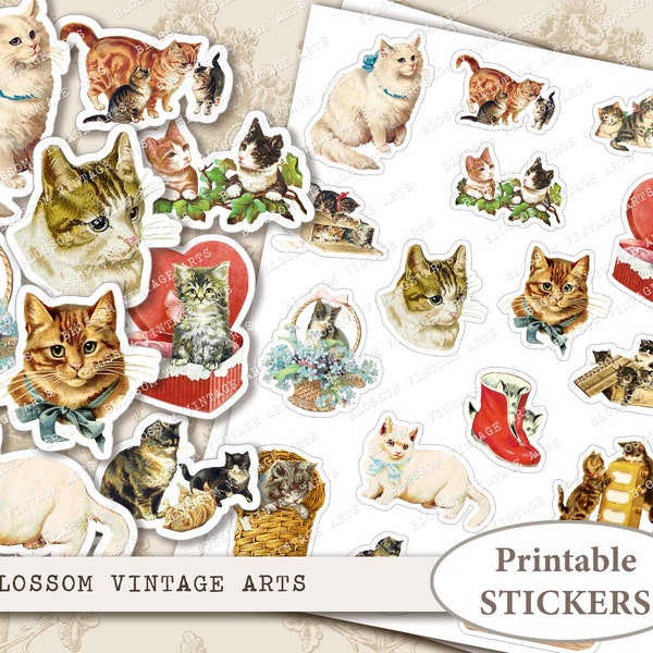 VINTAGE CATS Stickers Digital Collage Printable Stickers, Digital Download Collage Sheet  2622