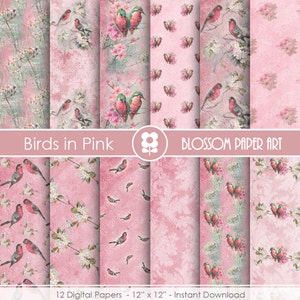 Pink Birds Digital Paper: Vintage Scrapbooking (Instant Download)