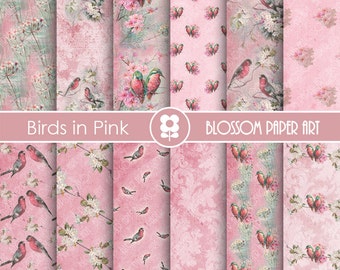Birds Digital Paper, Vintage Paper Birds, Pink Vintage Scrapbooking, Birds in Pink - INSTANT DOWNLOAD  - 1729