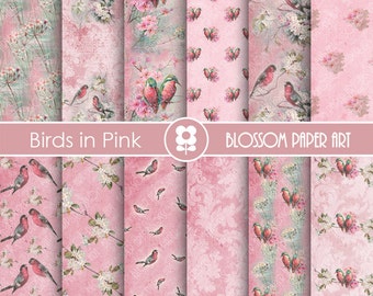 Pink Birds Digital Paper: Vintage Scrapbooking (Instant Download) - 1729