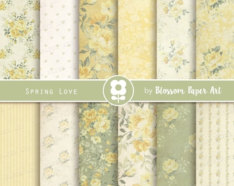 Yellow Floral Digital Paper: Vintage Scrapbook Patterns (Digital Download)