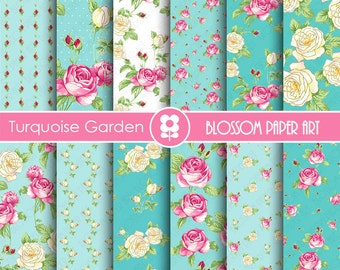 Scrapbooking Digital Paper, Floral Digital Paper Pack, Pink and Turquoise Scrapbooking, Roses - INSTANT DOWNLOAD  - 1844