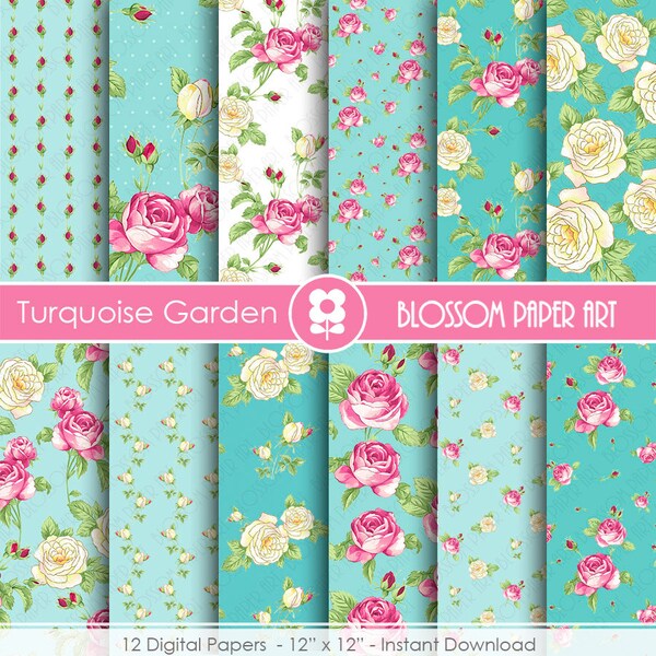 Scrapbooking Digital Paper, Floral Digital Paper Pack, Pink and Turquoise Scrapbooking, Roses - INSTANT DOWNLOAD  - 1844