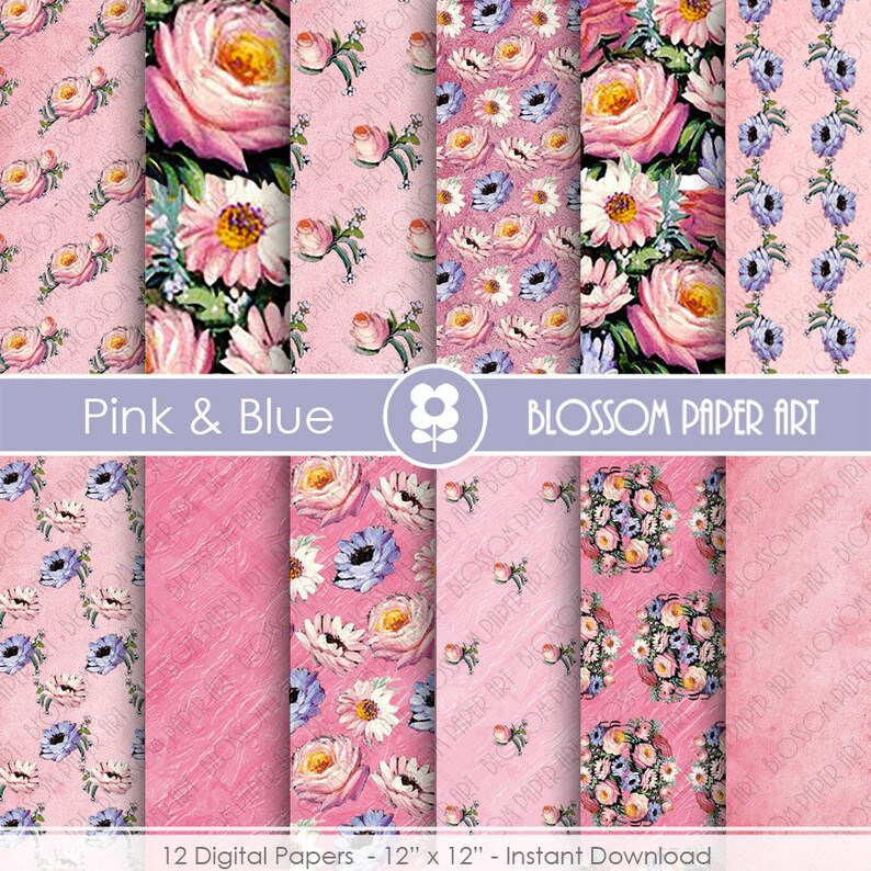 Collage Sheet Floral Digital Paper Floral Scrapbook Pink Roses Digital Paper Pack 1783