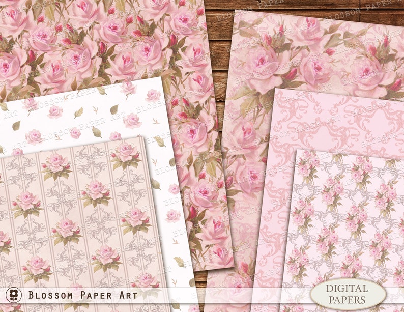 Pink Digital Paper Pack, Shabby Chic Roses Scrapbook Paper, Floral Collage Sheets, Pink Vintage Roses INSTANT DOWNLOAD 2852 2 image 3