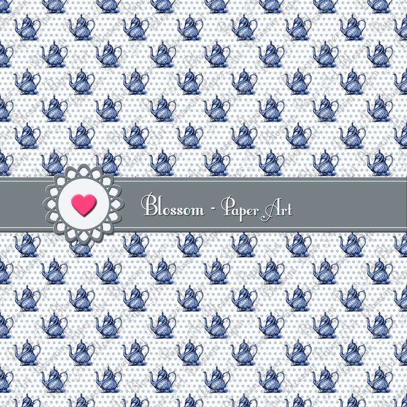 Blue Vintage Teapot Digital Paper Scrapbooking Wrap Etsy