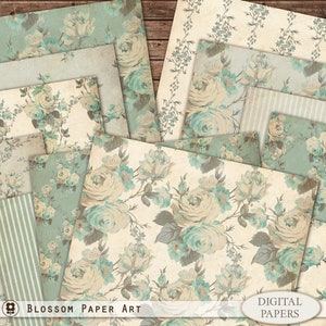 Vintage Digital Paper, Teal Digital Paper Pack, Junk Journal Roses Scrapbook Collage Sheets, Vintage Roses - INSTANT DOWNLOAD 1888 1 A4