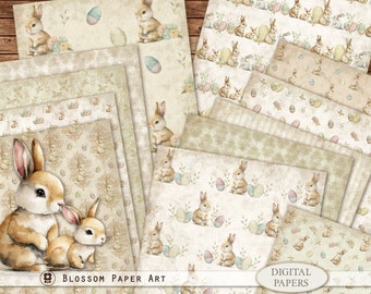 May include: A set of 10 digital papers featuring a vintage Easter theme with bunnies and eggs in shades of green, blue, and pink on a cream background. The papers have a distressed look and are perfect for scrapbooking, card making, and other craft projects.