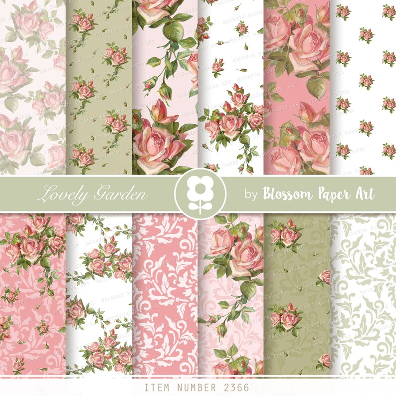 Pink Rose Floral Digital Paper Pack: Vintage Scrapbook (instant ...