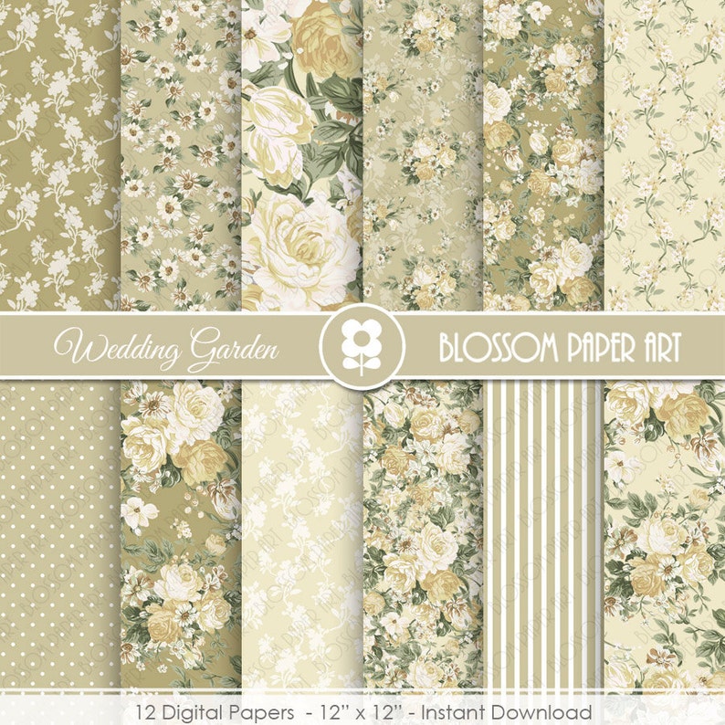 May include: A collection of 12 digital papers, each 12" x 12", featuring floral and patterned designs in shades of cream, white, and olive green. The designs include roses, polka dots, stripes, and other botanical patterns. The text "Wedding Garden" and "Blossom Paper Art" are visible.