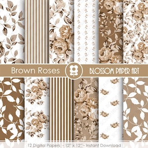 Pacote de papel digital para álbum de recortes florais de papel digital, álbum de recortes de rosas, rosas marrons - DOWNLOAD INSTANTÂNEO - 1789