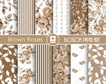 Digital Paper Floral Scrapbook Digital Paper Pack, Rose Scrapbooking, Brown Roses - INSTANT DOWNLOAD  - 1789