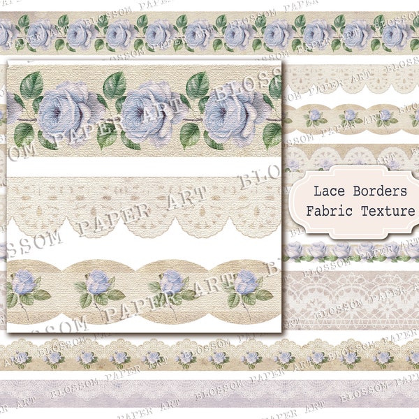 Junk Journal Borders, Blue Lace for Journaling, Printable floral scraps, Vintage Roses Scrapbook Collage Sheets - INSTANT DOWNLOAD 2945