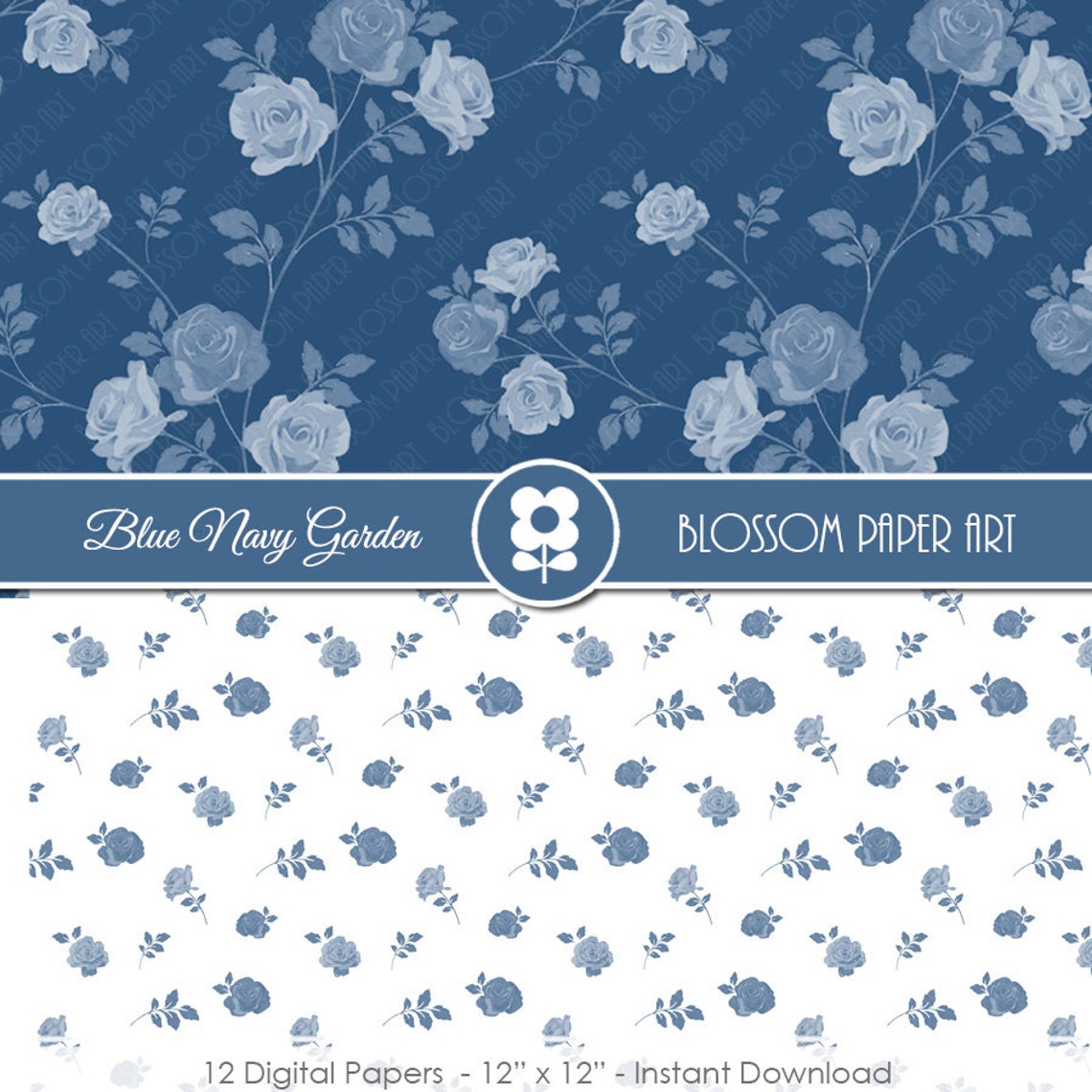Blue Navy Digital Paper Blue Floral Digital Paper Pack Roses Etsy UK