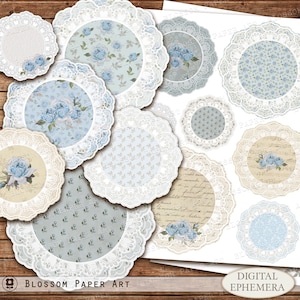 Centrino stampabile, pizzo per la decorazione del diario spazzatura, foglio di collage di rose, effimeri blu, immagini floreali decoupage, download digitale 2973
