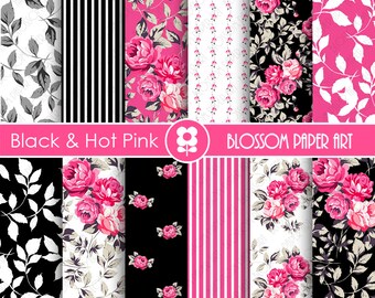 Hot Pink and Black Paper Pack Digital Papers, Scrapbooking, Roses, Floral, Pink, Black - INSTANT DOWNLOAD  - 1786