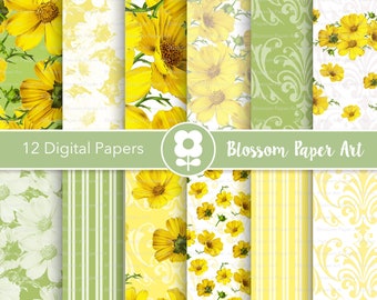 Pacote de papel digital floral amarelo: scrapbooking vintage com margaridas (download instantâneo)