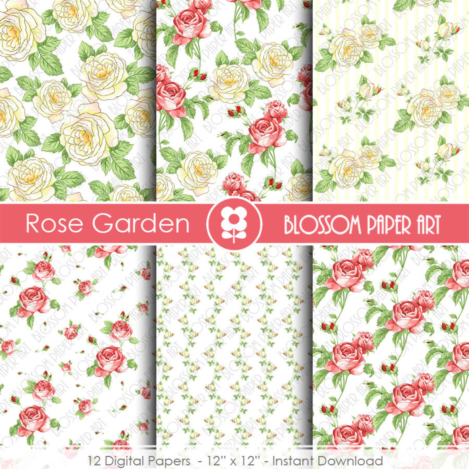 Digital Scrapbook Paper Floral Digital Paper Red Roses Digital Etsy