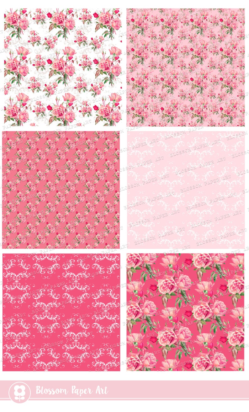 Pink Roses Digital Paper Pack: Shabby Chic Scrapbooking (digital ...